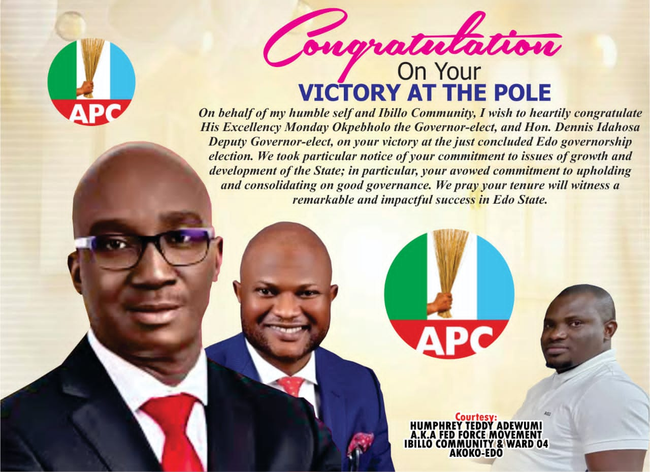 Adewumi Humphrey Congratulates Senator Monday Okpebholo, Executive Governor- Elect, Edo State